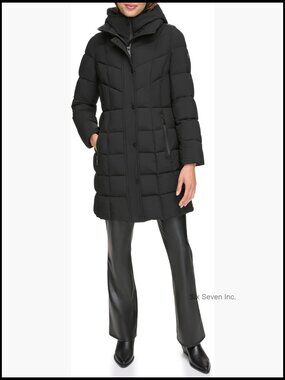 Bib-front Long Puffer Coat with Hood